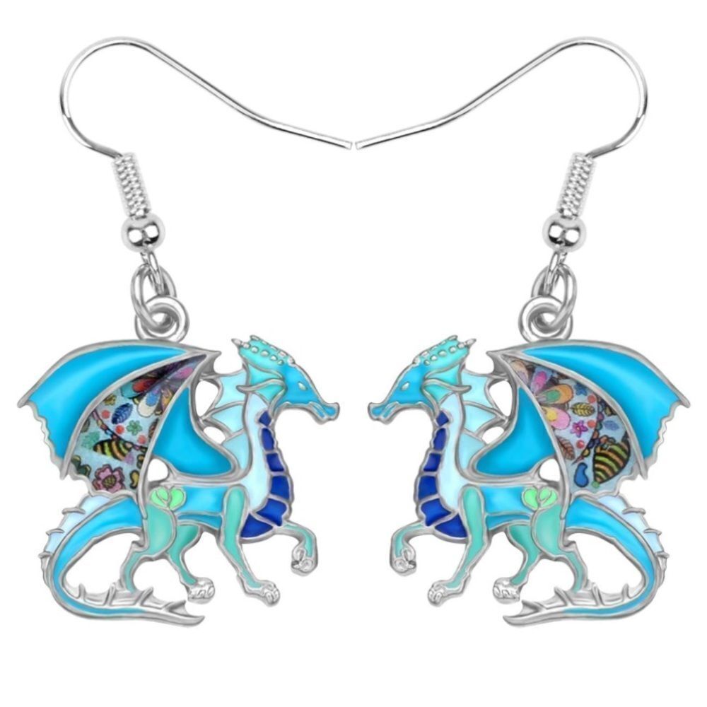 Silver and Multicolor Enamel Mythical Dragon Dangling French Wire Hook Earrings
